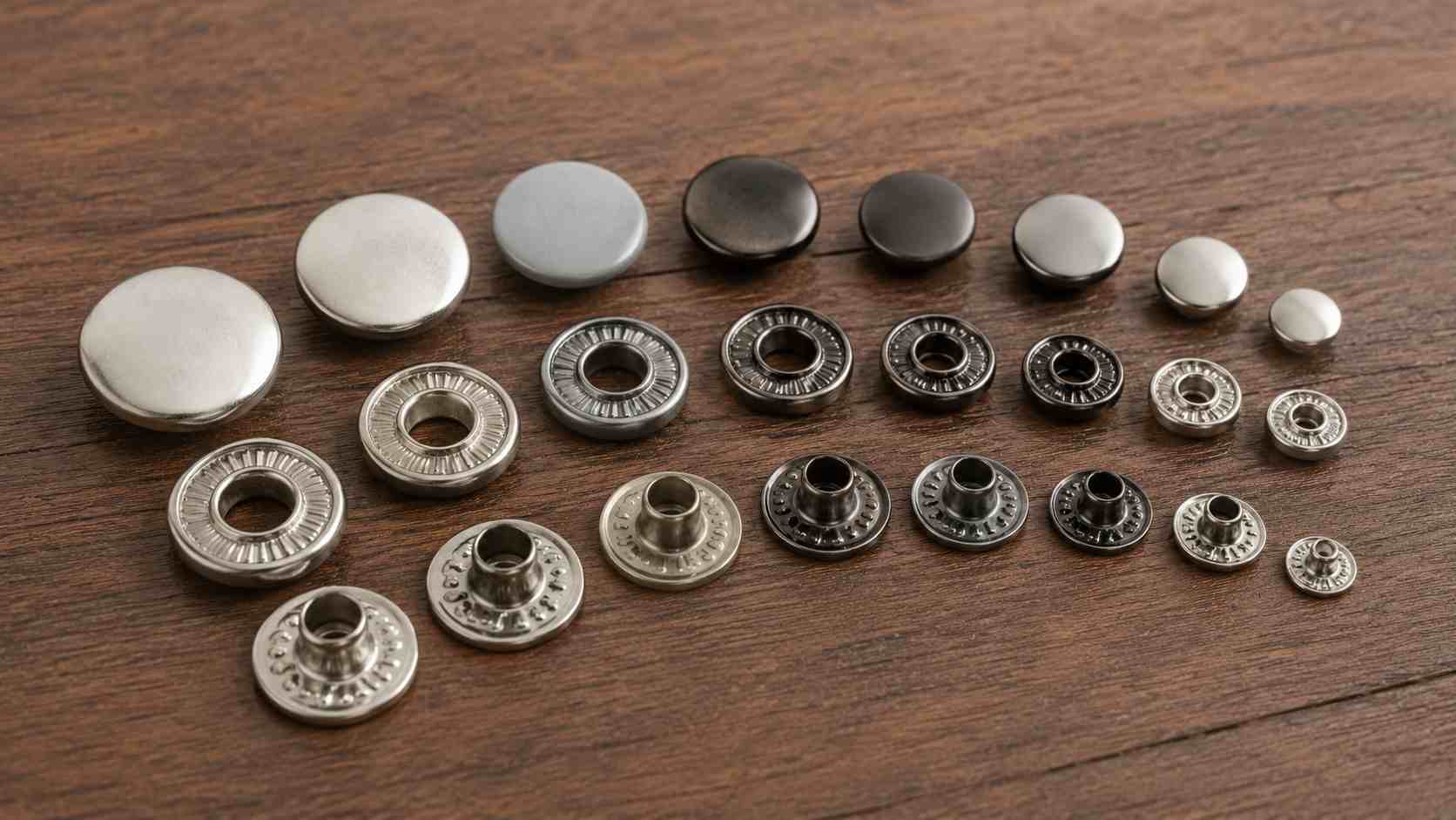 press on button, Press on button components in several sizes and metallic finishes are arranged in rows on a wooden surface.